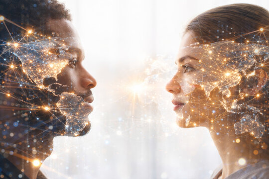 Couple with digital world map overlay contemplating connection and innovation