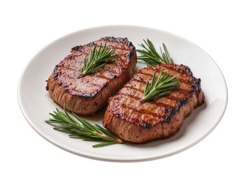Isolated perfectly grilled beef steaks with fresh rosemary on a ceramic serving plate.