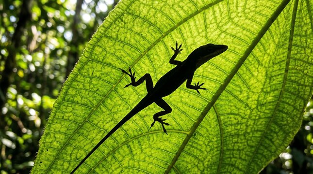 A small wild green lizard reptile with a long tail rests on a leaf and tree, captured in a macro closeup nature wildlife shot isolated on a black or white background