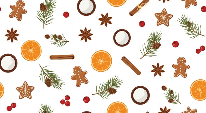 A repeat design pattern composed of gingerbread men cookies, dried orange slices, cinnamon sticks, and pine branches against a clean white surface for winter themes.