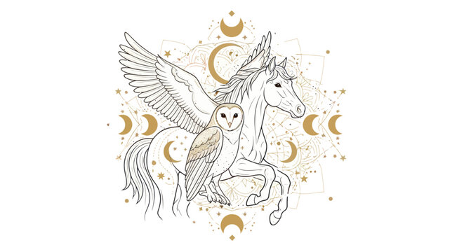 Mythical owl and pegasus with celestial symbols