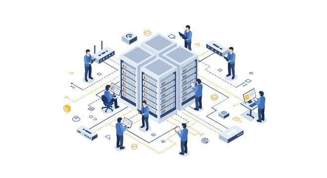 Professional IT technicians monitor a centralized server array with multiple cabinets and connected computer stations in a clean, high-tech isometric office environment space.