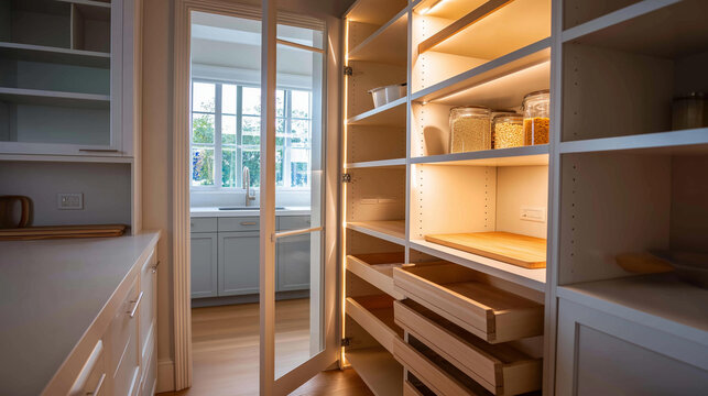 Empty home pantry interior with pale shelves and bare pantry closet compartments and door in a clean storage room mood