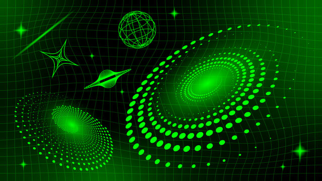Abstract Futuristic Digital Technology Space Background with Green Glowing Lines on Black. Design for Background, Backdrop, Wallpaper, Template, Poster, Banner, Presentation, Website.
