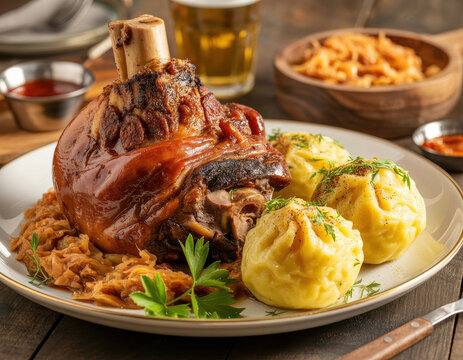 Hearty roasted pork knuckle served with sauerkraut and potato dumplings on a white ceramic plate