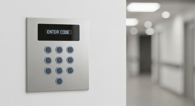 Modern stainless steel keypad with illuminated buttons and "ENTER CODE" display mounted on a wall