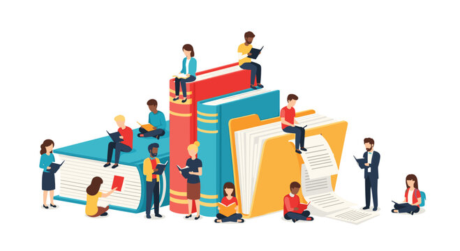 Diverse group of people reading books and documents while sitting on large educational volumes in a brightly lit studio environment with soft neutral tones.