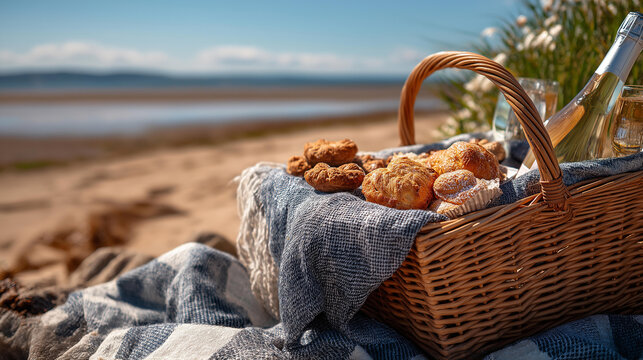 Wide beach picnic on a checkered blanket with a picnic basket pastries and sparkling water bottles on sand in daylight cheerful scene