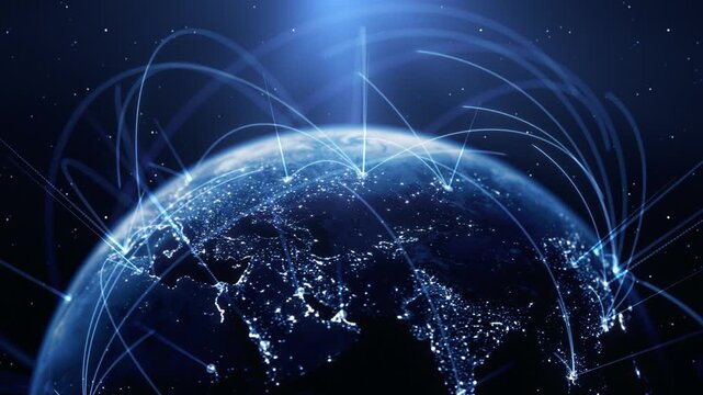 Global Connection Lines. Earth Network Data Transfer. Futuristic AI Technology, 5G, Globe Satellite Communication, Internet Connectivity, Big Data, Digital World Background Animation. Crypto Exchange