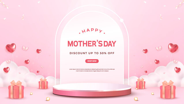 Pink Mothers Day Sale Banner with Podium and Heart Balloons