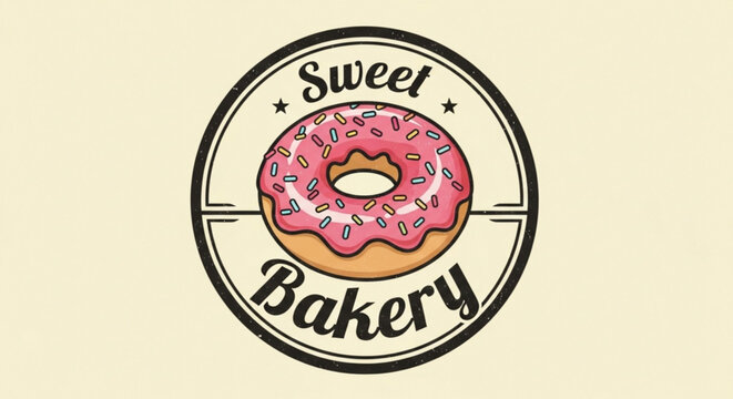 Sweet bakery logo with pink frosted donut and sprinkles on cream background