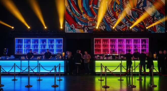 Vibrant illuminated bar scene inside a modern concert venue with people gathering