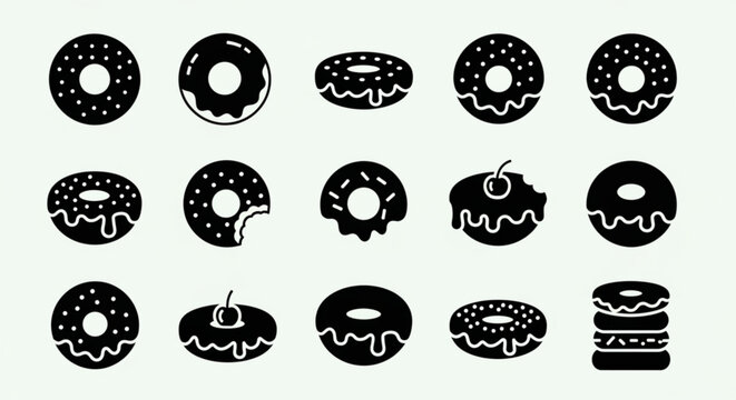 Variety of donut illustrations with glaze and toppings on light background