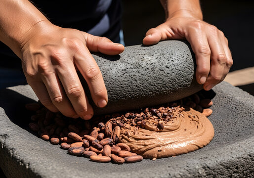 Hands using a stone roller on a metate to grind cocoa beans into a smooth paste, highlighting the traditional chocolate making process.