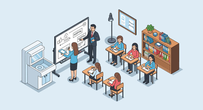 Isometric classroom scene with teachers and students engaged in a lesson.