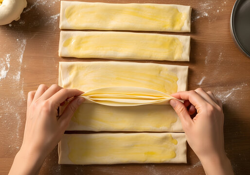Overhead shot of skilled hands carefully folding multiple layers of golden phyllo pastry dough, generously brushed with melted butter, on a rustic wooden kitchen surface, ready for baking.