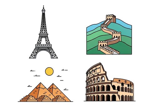 Famous world landmark icons including Eiffel Tower and Great Wall