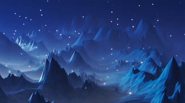 A digital art landscape of a mountain range at night, rendered in a low-poly style with a deep blue color palette.