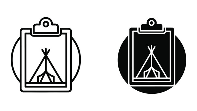 Clipboard with camping tent illustration inside circular frame