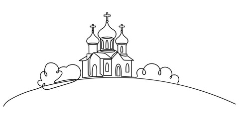 Continuous one line drawing of a traditional Orthodox church located on a hill with bushes. Minimalist architectural vector illustration in sketch style. © Anastasiia Merenkova