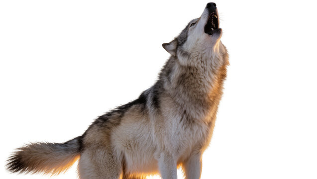 Isolated powerful gray wolf howling with open mouth and visible teeth, majestic wild predator