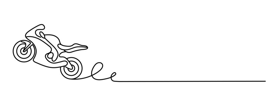 Single-line illustration of a racing motorcycle. A drawing of a sports motorcycle reflecting the concept of speed and extreme sports. A sports motorcycle icon with a motion line. Editable outline.