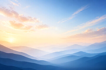 Fototapeta premium Serene Blue Mountain Landscape with Soft Sunrise Sky Background