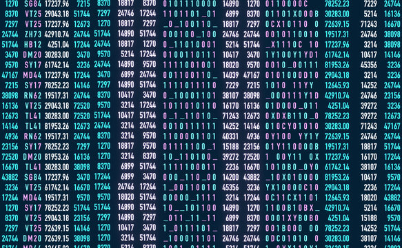 Screen with data, interface, binary code, machine code. Research, analyzing, binary code, science, numbers. 3D animation