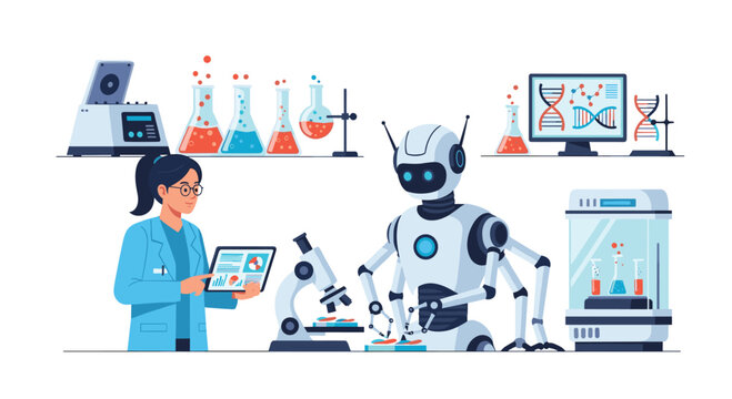 A female scientist in a white coat works with a multi-armed robot using a microscope and digital tablet inside a modern high-tech research laboratory environment.