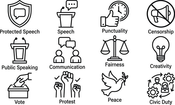 Civil rights and freedom icons set with speech voting protest justice communication and civic duty line illustrations