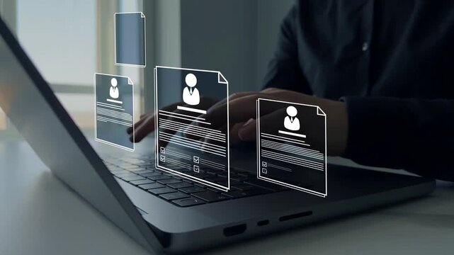 Business professional reviewing digital CV on a laptop, analyzing candidate profiles for recruitment and hiring decisions.Concept of Human Resources ,election and online application screening process.