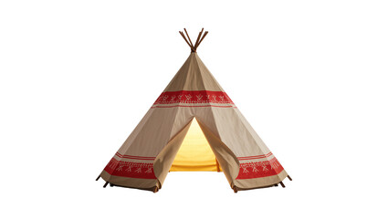 Isolated teepee tent with red patterns glowing warmly from inside for children's play © David
