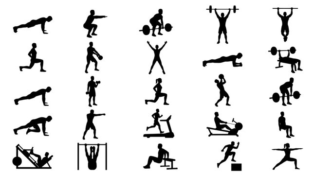 Black silhouettes of people exercising weights.
