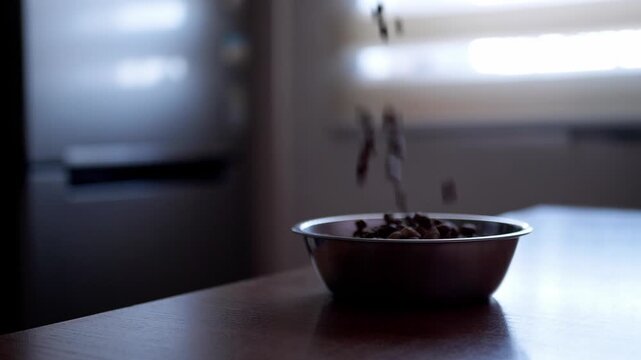 Dry brown pet food kibble falls smoothly into a stainless steel bowl on a dark kitchen table. Concept of daily animal nutrition, routine domestic pet care, and feeding hungry companions.