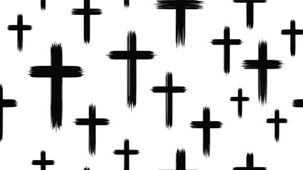 Fototapeta premium A seamless pattern featuring numerous hand-drawn black brush stroke crosses scattered randomly across a clean white background, creating a rustic religious motif.