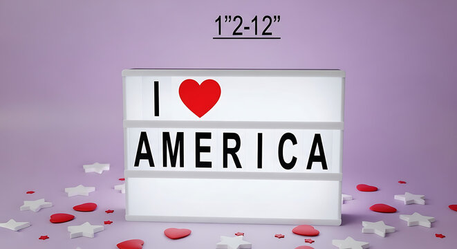 Patriotic light box sign with 'I heart America' message and red heart symbol on purple background with star confetti