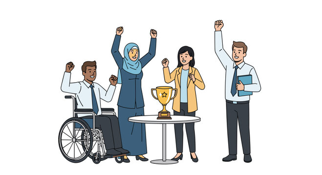 A diverse team of four employees including a man in a wheelchair stand together cheering with raised arms near a small table holding a golden trophy prize.