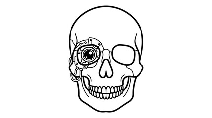 Fototapeta premium Elegant Line Art Portrayal of a Cybernetic Skull Featuring Intricate Mechanical Eye Enhancements, Symbolizing Future Augmentation