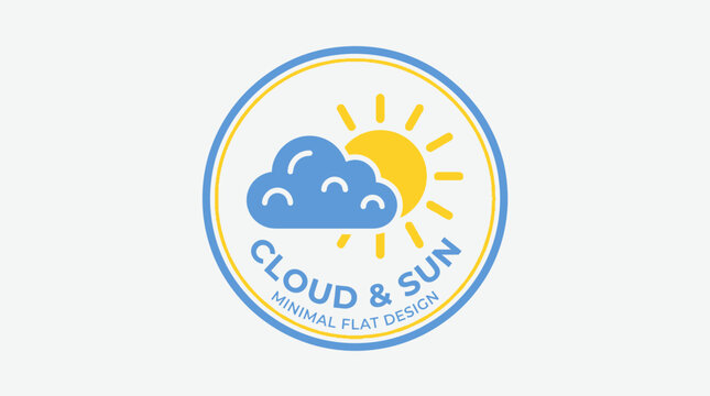 Minimal flat design logo featuring a cloud and sun with bright colors and a circular border