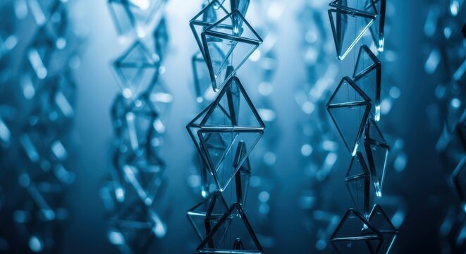 Intricate layered triangular glass elements creating a shimmering geometric pattern in cool blue tones, suggestive of modern design and abstract art.