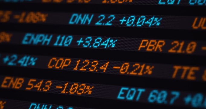 Energy stocks market quotation ticker board, commodities prices electronic yield table, financial market scrolling LCD board close-up, footage