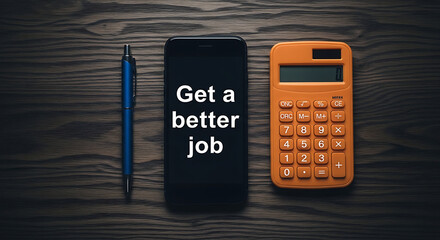 Obraz premium smartphone with get a better job text, calculator and pen on wooden desk