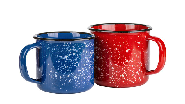 Isolated rustic blue and red speckled enamel camping mugs, perfect for outdoor adventures