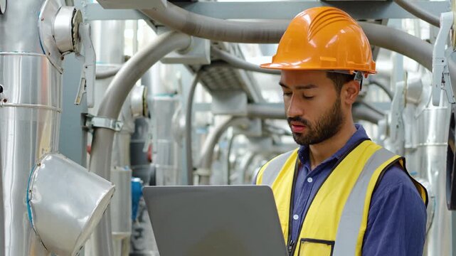 Professional male engineer wearing a safety helmet and vest uses a laptop to inspect industrial pipes and valves in a factory. Focused technician performing maintenance in a power plant facility.