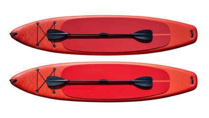 Fototapeta premium Isolated two red inflatable stand up paddle boards with black paddles, watersport equipment