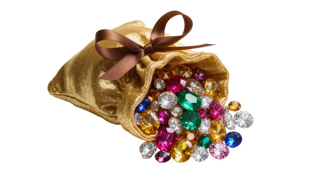 Isolated golden bag overflowing with sparkling colorful gemstones and brilliant cut diamonds