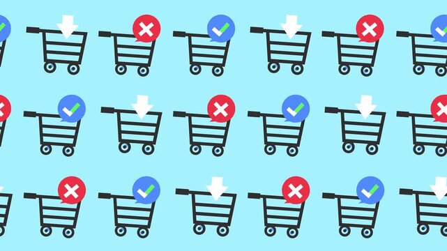 Seamless pattern of shopping carts with various status indicator for retail wallpaper. Abstract background with online shopping trends, checkout process, and sales data in flat design cartoon style.