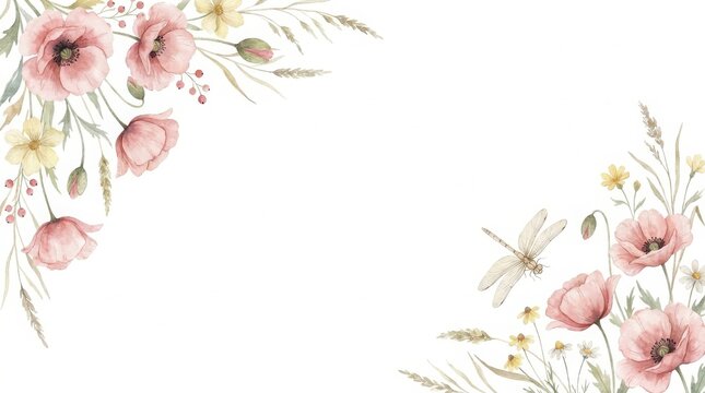 A beautiful watercolor border featuring soft pink poppies, yellow wildflowers, and a small.