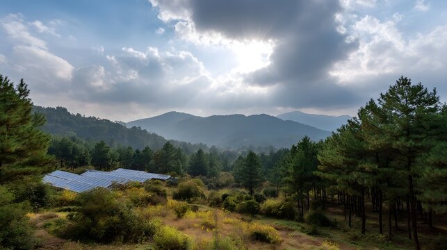 Solar panels are situated among evergreen trees marking a modern intersection with the serene mountain wilderness under a cloudy sky