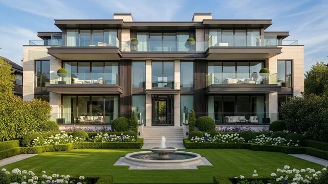 Modern multistory house with large windows and a wellmanicured lawn and garden